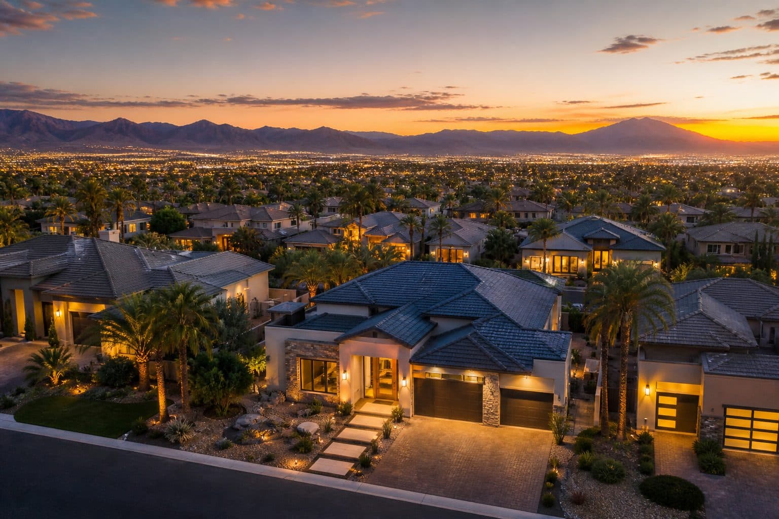 Las Vegas homes at dusk with desert mountains in the distance